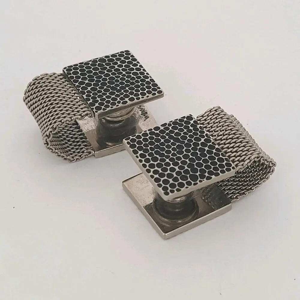 Pansa Vintage Cufflinks Wrap Around Square Silver Tone Meshwrap Brutalist‎